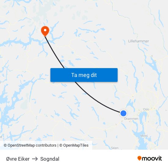 Øvre Eiker to Sogndal map