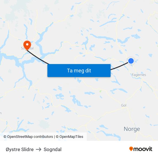 Øystre Slidre to Sogndal map