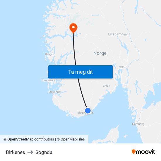 Birkenes to Sogndal map