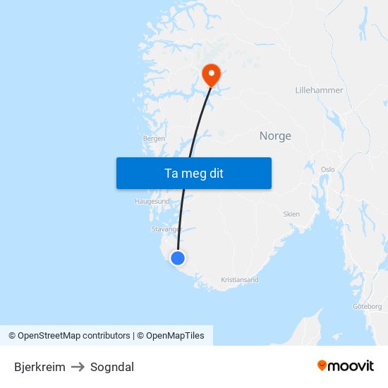 Bjerkreim to Sogndal map