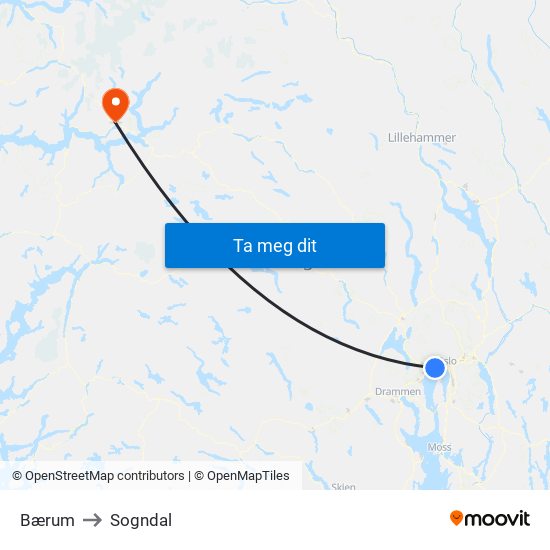 Bærum to Sogndal map