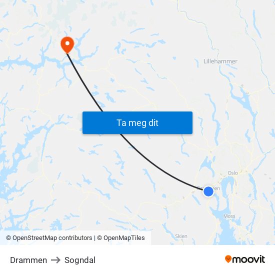 Drammen to Sogndal map