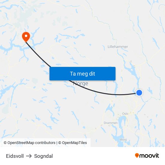 Eidsvoll to Sogndal map