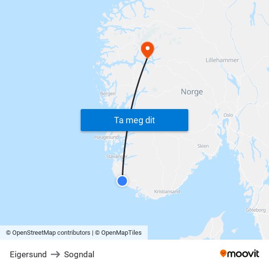 Eigersund to Sogndal map