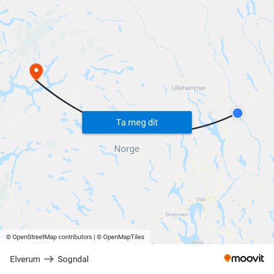 Elverum to Sogndal map