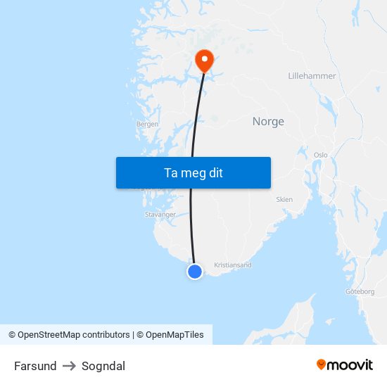 Farsund to Sogndal map