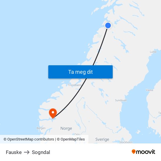Fauske to Sogndal map