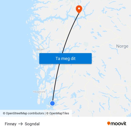 Finnøy to Sogndal map