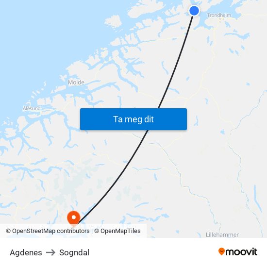 Agdenes to Sogndal map