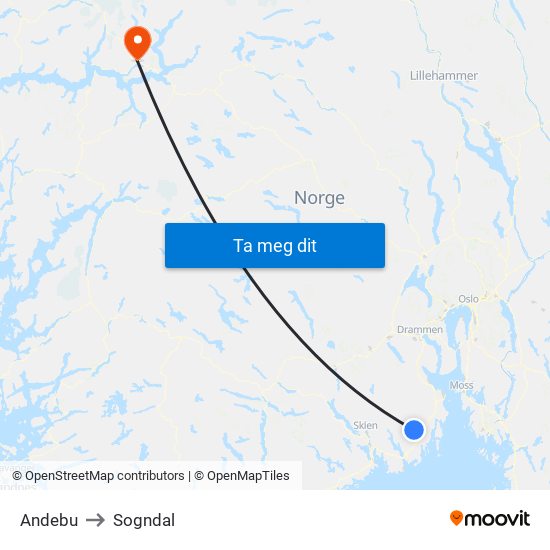 Andebu to Sogndal map