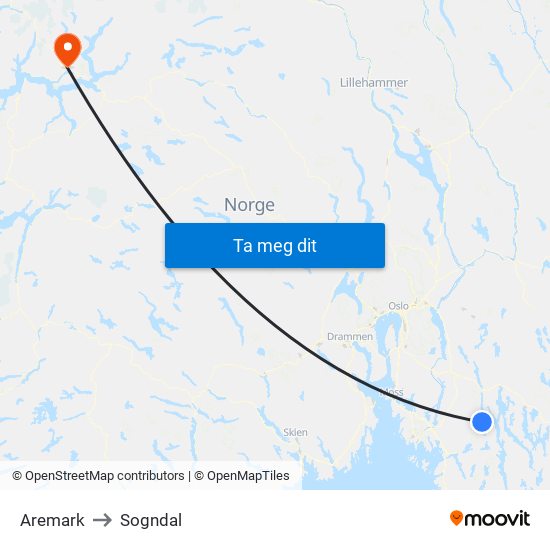Aremark to Sogndal map
