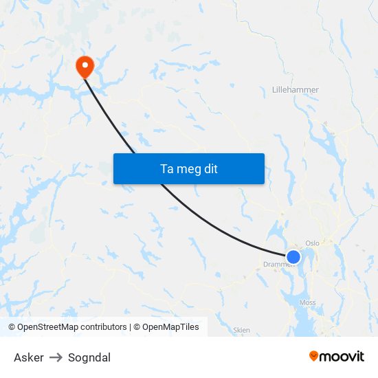 Asker to Sogndal map