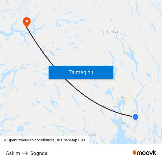 Askim to Sogndal map