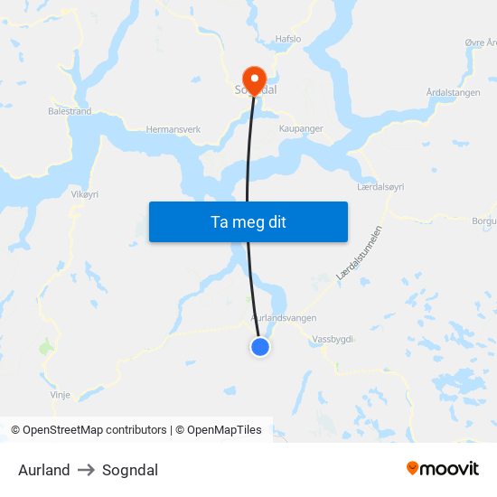 Aurland to Sogndal map