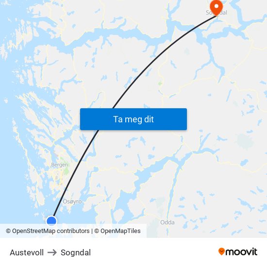 Austevoll to Sogndal map