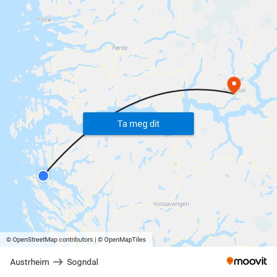 Austrheim to Sogndal map