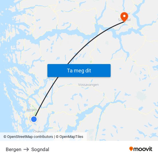 Bergen to Sogndal map