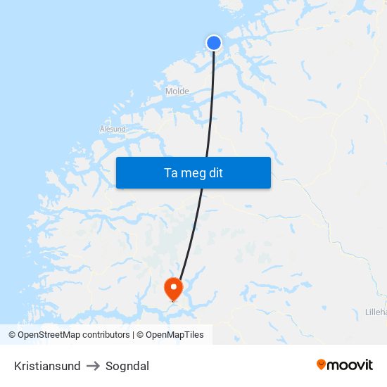Kristiansund to Sogndal map