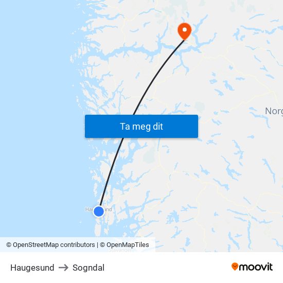 Haugesund to Sogndal map