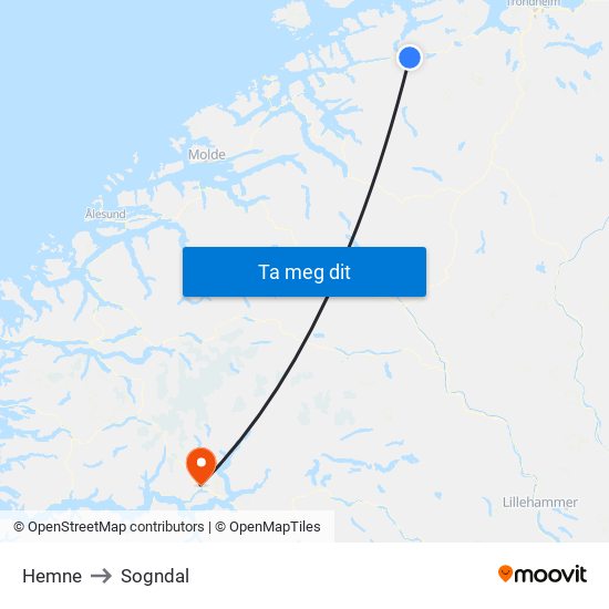 Hemne to Sogndal map