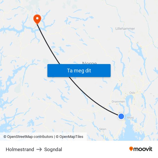 Holmestrand to Sogndal map