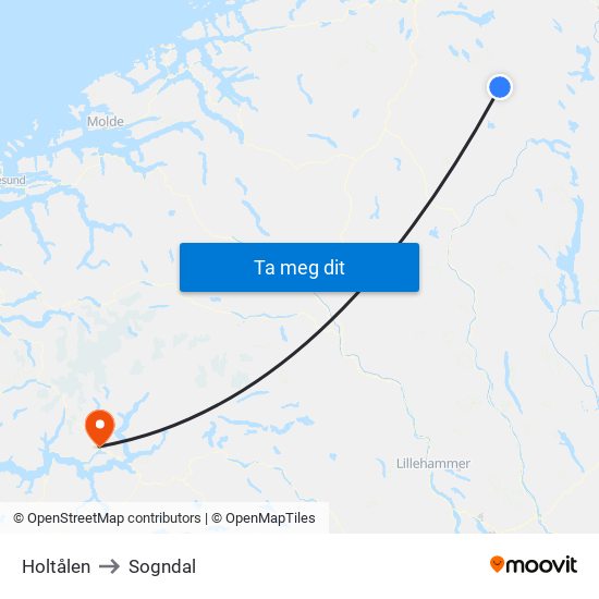 Holtålen to Sogndal map