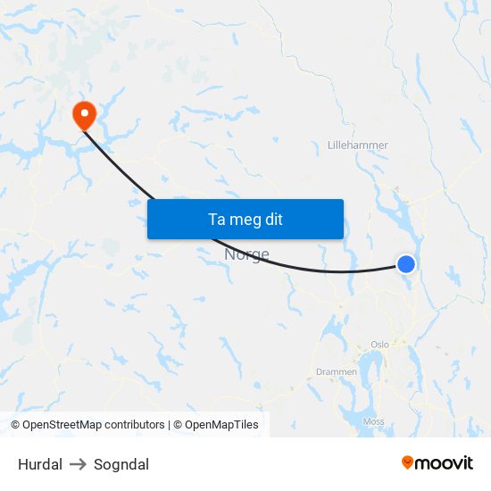 Hurdal to Sogndal map