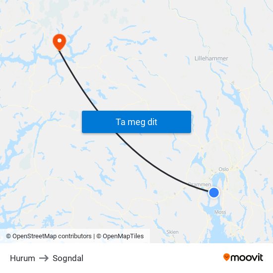 Hurum to Sogndal map