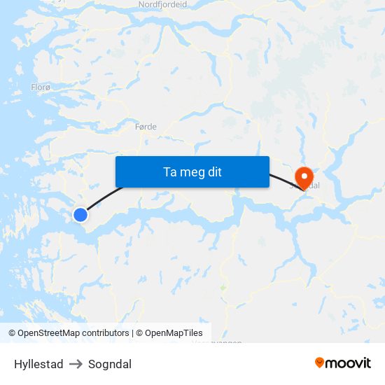Hyllestad to Sogndal map