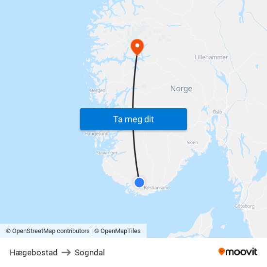 Hægebostad to Sogndal map
