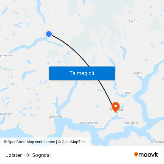 Jølster to Sogndal map
