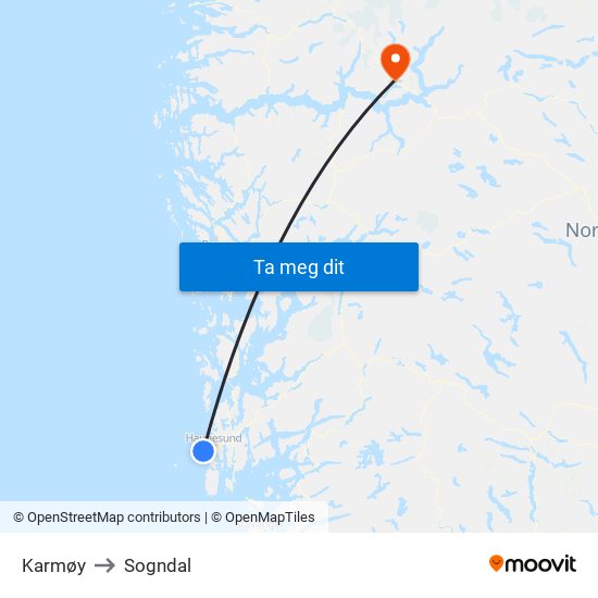 Karmøy to Sogndal map