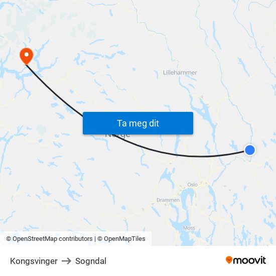 Kongsvinger to Sogndal map