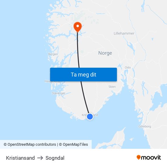 Kristiansand to Sogndal map