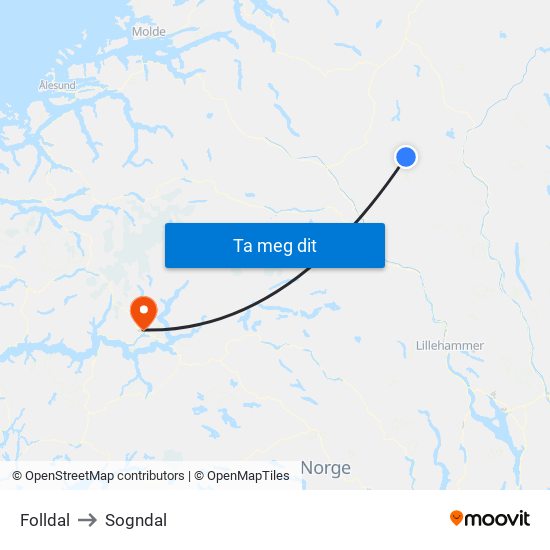 Folldal to Sogndal map