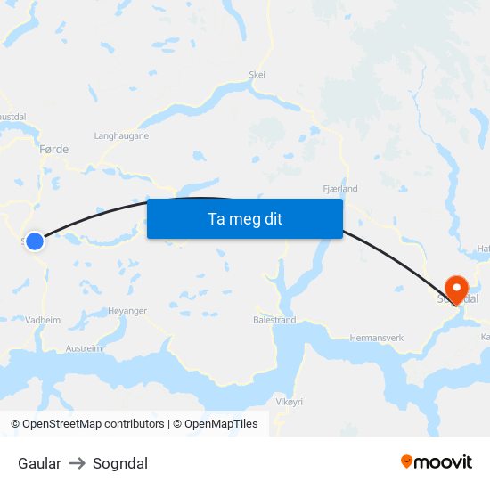 Gaular to Sogndal map