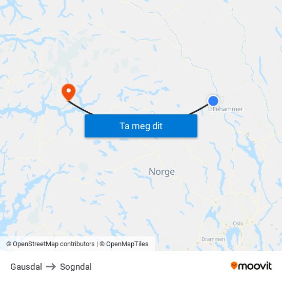 Gausdal to Sogndal map
