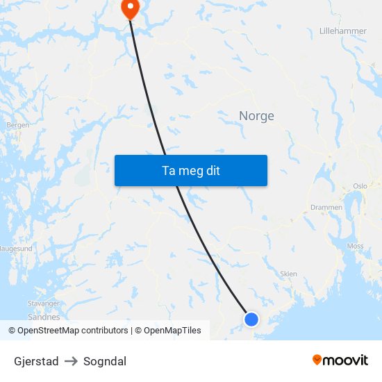 Gjerstad to Sogndal map