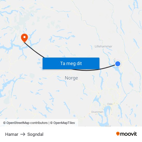 Hamar to Sogndal map