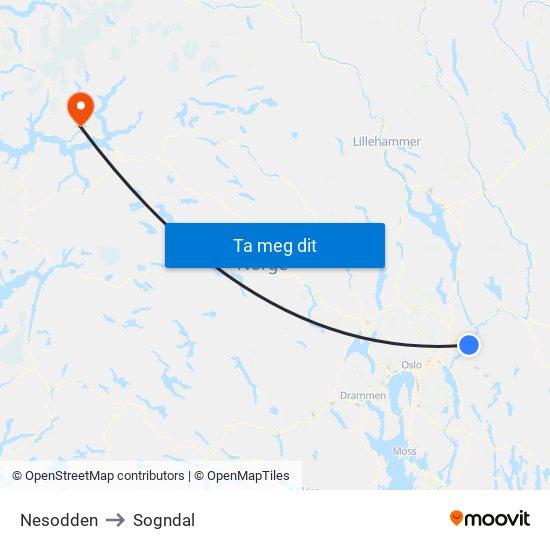 Nesodden to Sogndal map