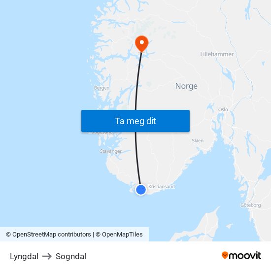 Lyngdal to Sogndal map