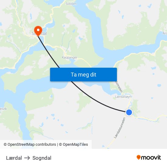 Lærdal to Sogndal map