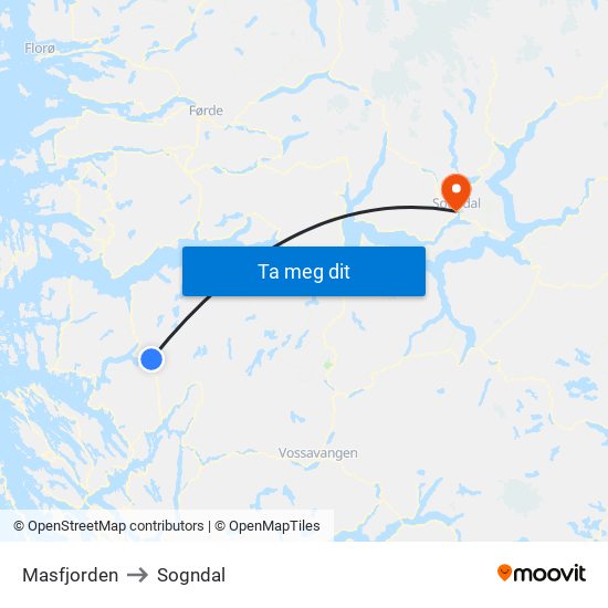 Masfjorden to Sogndal map