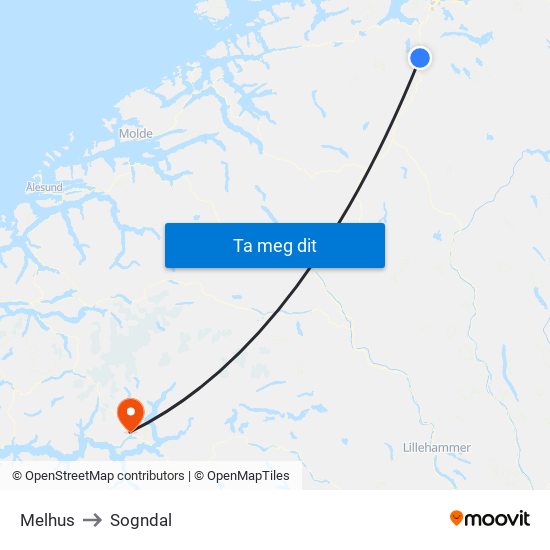 Melhus to Sogndal map