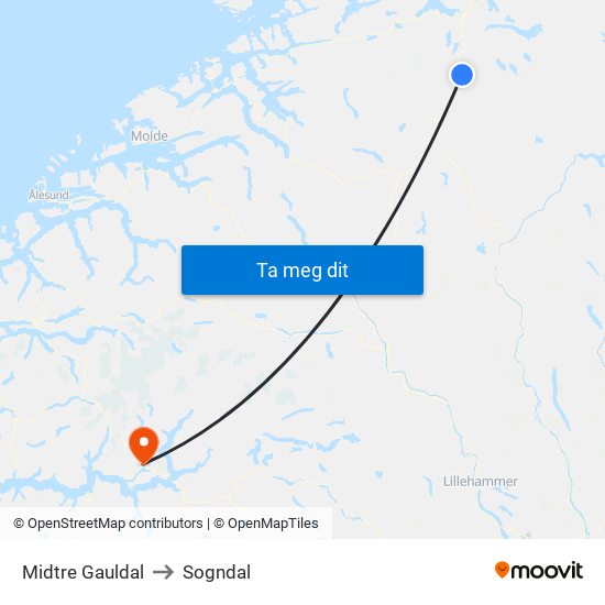 Midtre Gauldal to Sogndal map