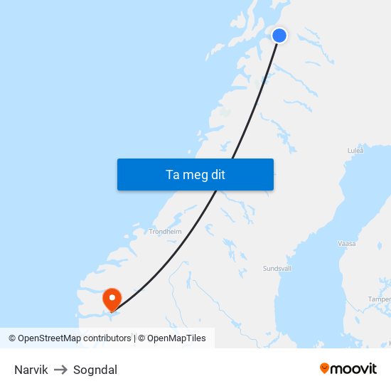 Narvik to Sogndal map