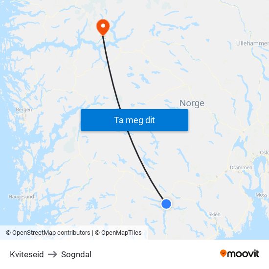 Kviteseid to Sogndal map