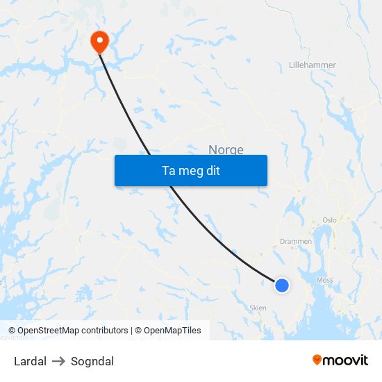 Lardal to Sogndal map