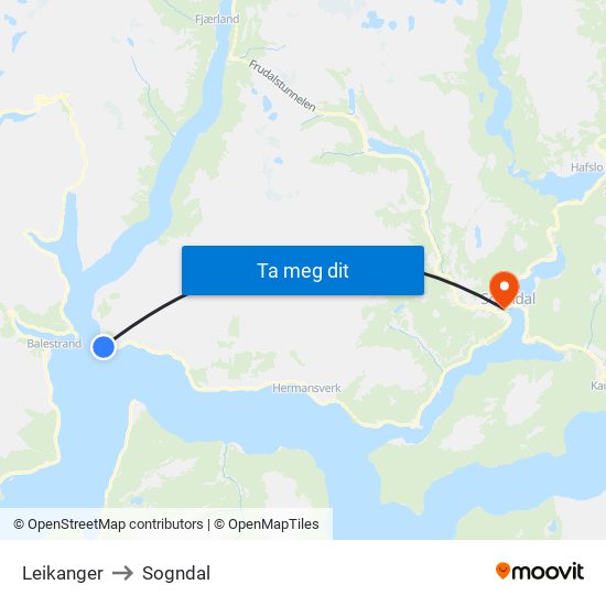 Leikanger to Sogndal map