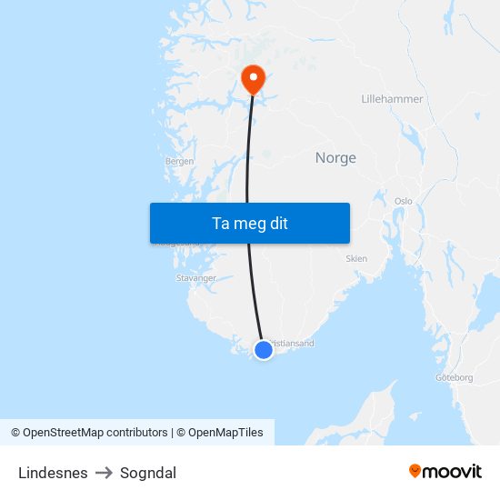 Lindesnes to Sogndal map